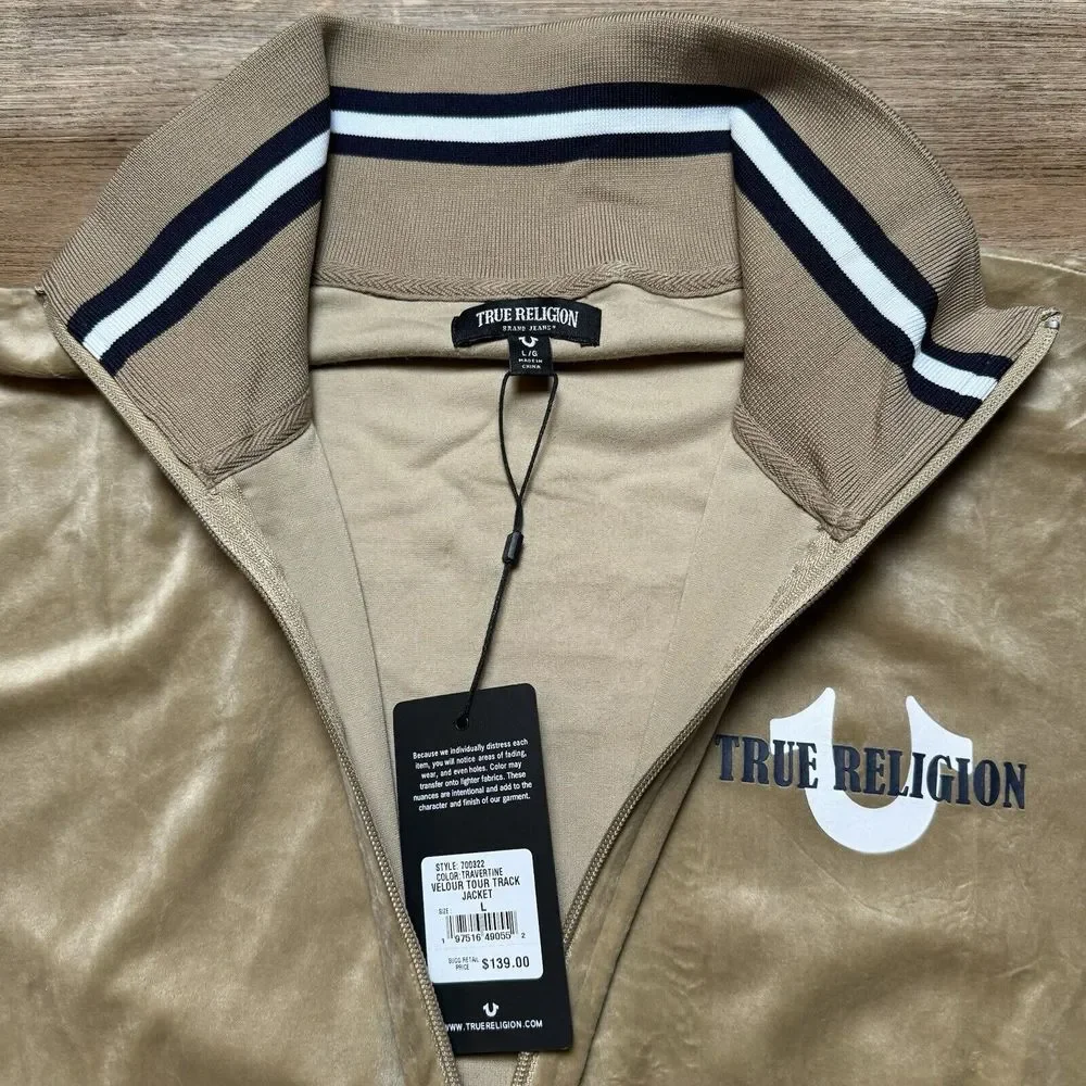 True Religion Tour Jacket Men's Large Tan Track Velour Travertine Full‎ Zip NWT